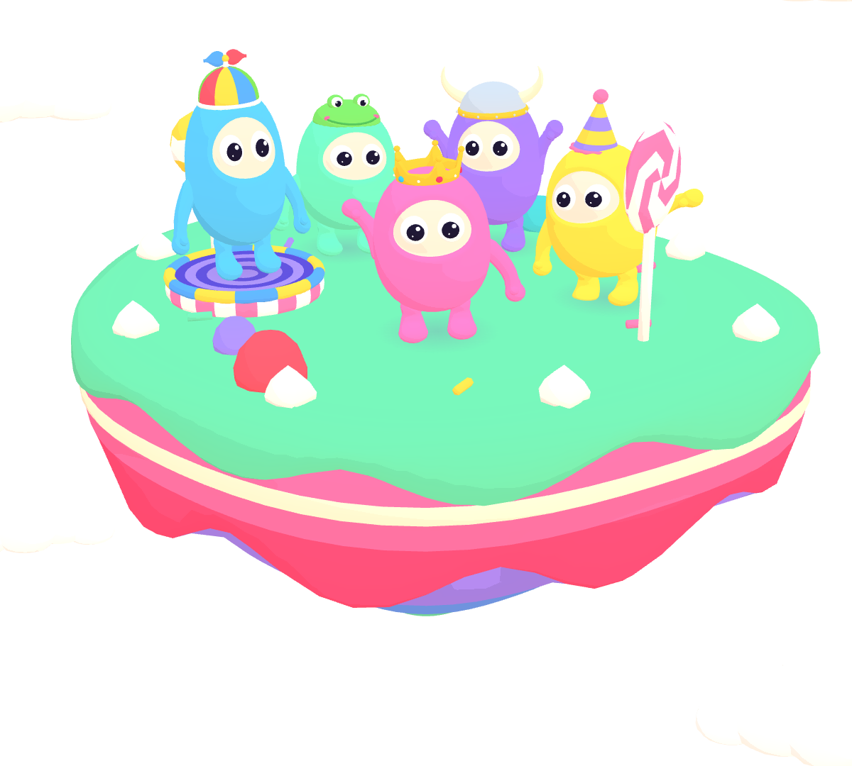 Five jelly beans in hats on a floating cake island: one waves, one bounces on a trampoline, one dances.