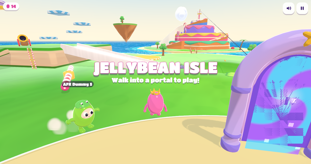 Beans on the hub plaza next to a glowing portal arch, with the title Jellybean Isle.