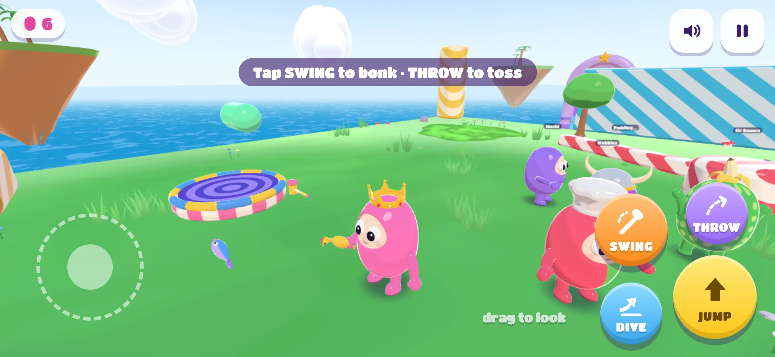 Phone controls while holding an item: joystick, Jump, Dive, Throw and Swing buttons