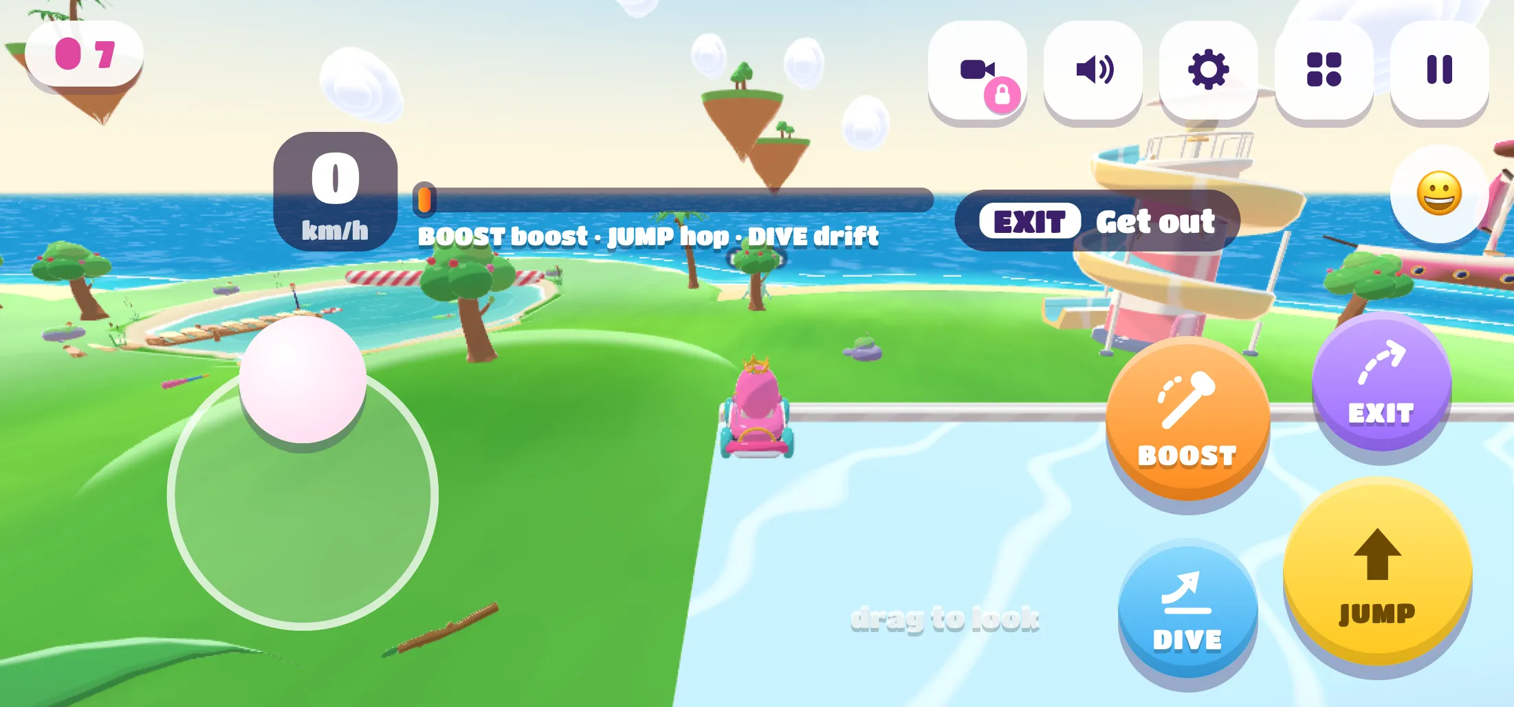 Phone controls while driving a kart: joystick, Boost, Exit, Dive and Jump
