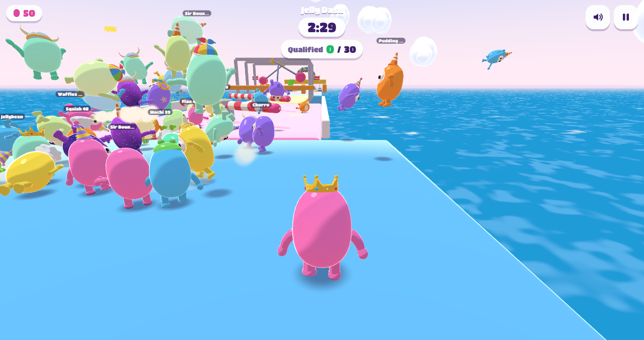 A pack of beans racing down a blue obstacle course.