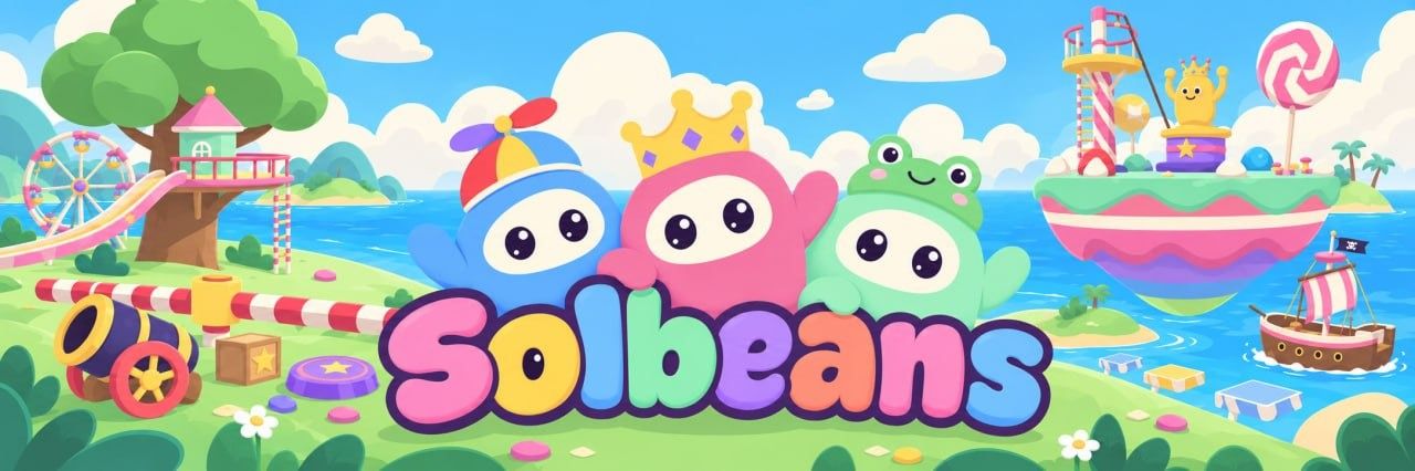 The Solbeans gang in front of the candy island: treehouse, cannon, sky island trophy and pirate ship.