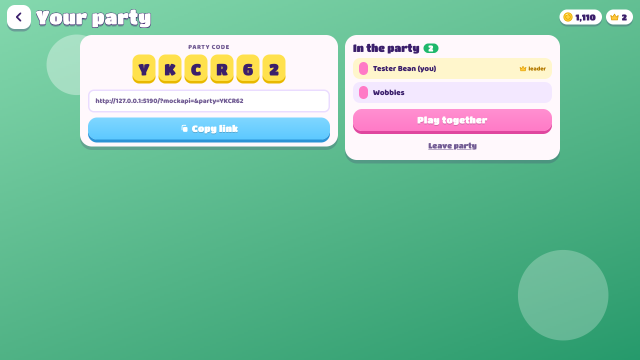 The party screen in Solbeans: party code, members and Copy link and Share buttons.