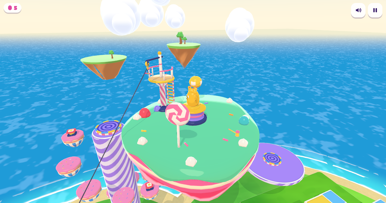Sky Island: a floating mint cake with a golden bean trophy, a lollipop and a zipline tower, high above the sea.